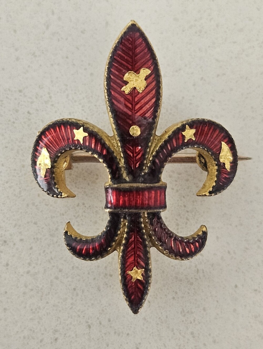 Antique Victorian Gold & Red Fleur-de-Lis Enamel Brooch Pendant Watch Fob 1.25"